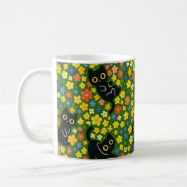 Caneca De Café Gatos Pretos Fofos Padrão de Prado Floral