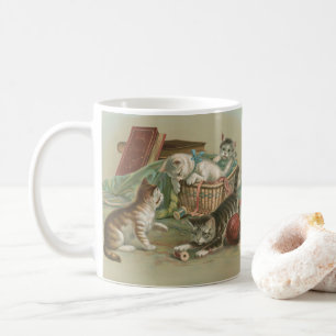 Caneca De Café Gatos Vitorianos Antigos Brincando na Cesta de Cos