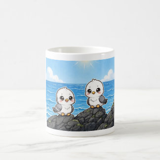 Caneca De Café Gaviotas kawaii en la Roca frente al mar