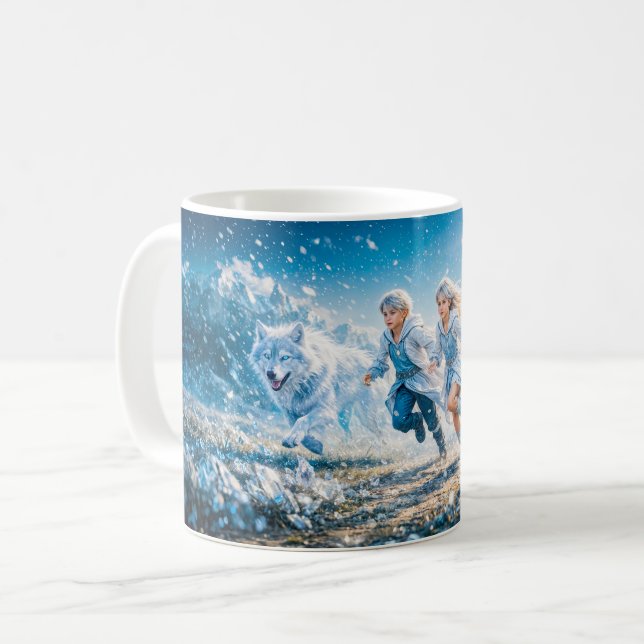 Caneca De Café Gêmeos Zodíaco com Gêmeos e Lobos Brancos (Frente Esquerda)