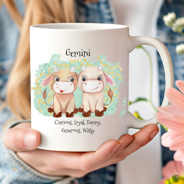 Caneca De Café Gemini Cute Gêmeos Watercolor Bull Zodiac Monogram (Cute Gemini Twins Watercolor Bull Zodiac Monogram Coffee Mug)