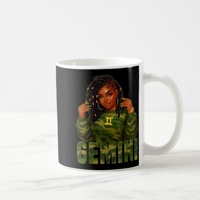 Caneca De Café Gemini Queen Loc'd Black Woman Camo Zodiac Sign  (Direita)
