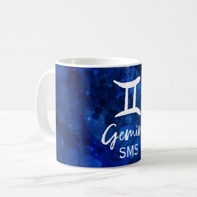 Caneca De Café Gemini Zodiac Constelação Azul Galáxia Monograma (Frente Esquerda)