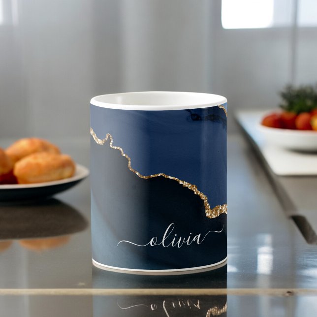 Caneca De Café Geodo de Ágata Azul Marinho com Monograma Dourado (Criador carregado)