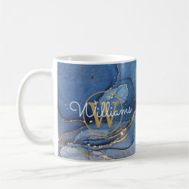 Caneca De Café Geodo de Ágata Azul Monograma Dourado Nome em Rasc