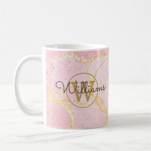 Caneca De Café Geodo de Ágata Rosa Monograma Dourado Nome em Rasc