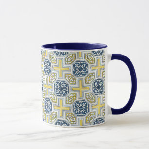 Caneca de Café Geométrica Azul Amarela de Azulejo