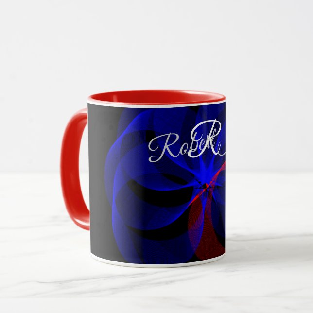 Caneca de Café Geométrica com Acento Azul Rotativo (Frente Esquerda)