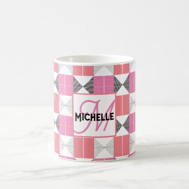 Caneca De Café Geométrico Moderno Rosa e Preto Monogramado (Centro)
