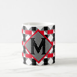 Caneca De Café geométrico monograma, vermelho estético e preto