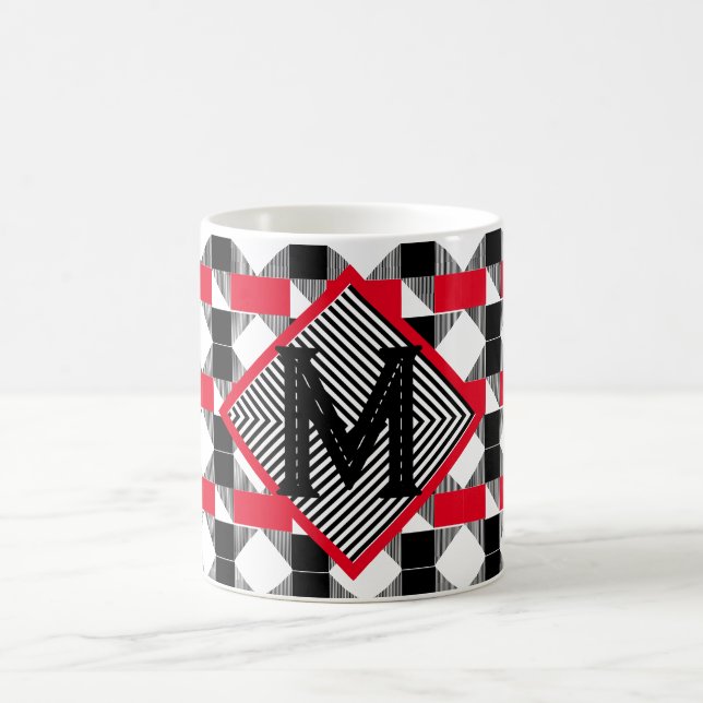 Caneca De Café geométrico monograma, vermelho estético e preto (Centro)