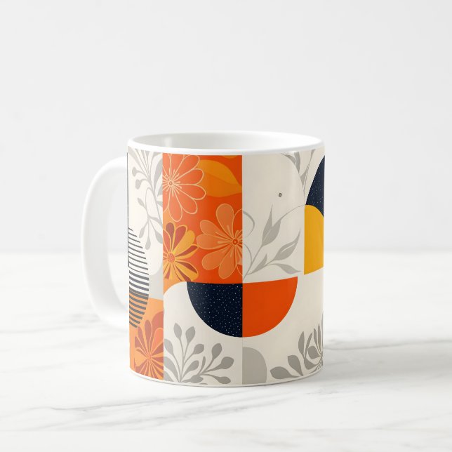 Caneca De Café Geométrico Retromoderno com Elementos Florais (Frente Esquerda)