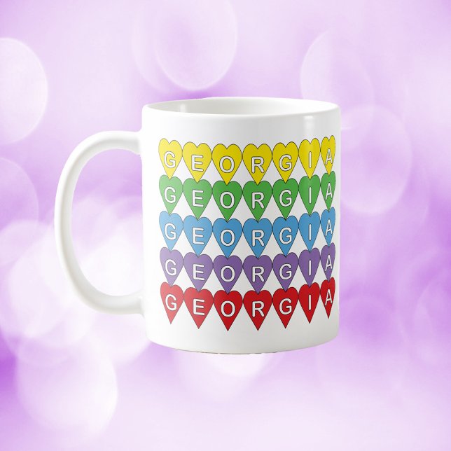 Caneca De Café Georgia Heart Pattern Rainbow (A mug that says Georgia inside colorful hearts!)