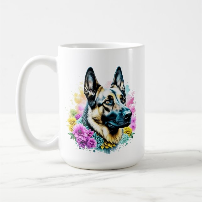 Caneca De Café German shepherd Mamãe Rosa e Flores Amarelas (Esquerda)