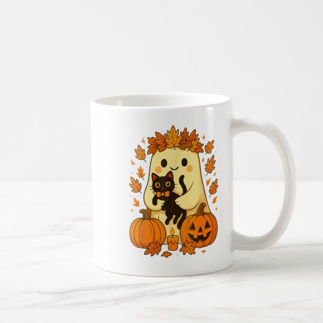 Caneca De Café Ghost Segurando Black Cat Halloween Pumpkins outon (Direita)