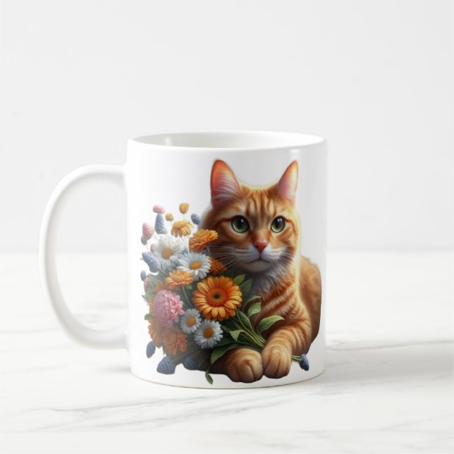 Caneca De Café Ginger Cat com Buquê de Flores (Esquerda)