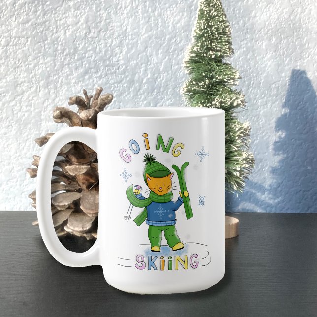 Caneca De Café Ginger Cat Going Skiing Winter Mug (Criador carregado)