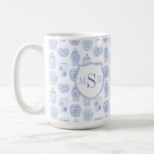 Caneca De Café Ginger Jar Azul Branco Monograma Pessoal