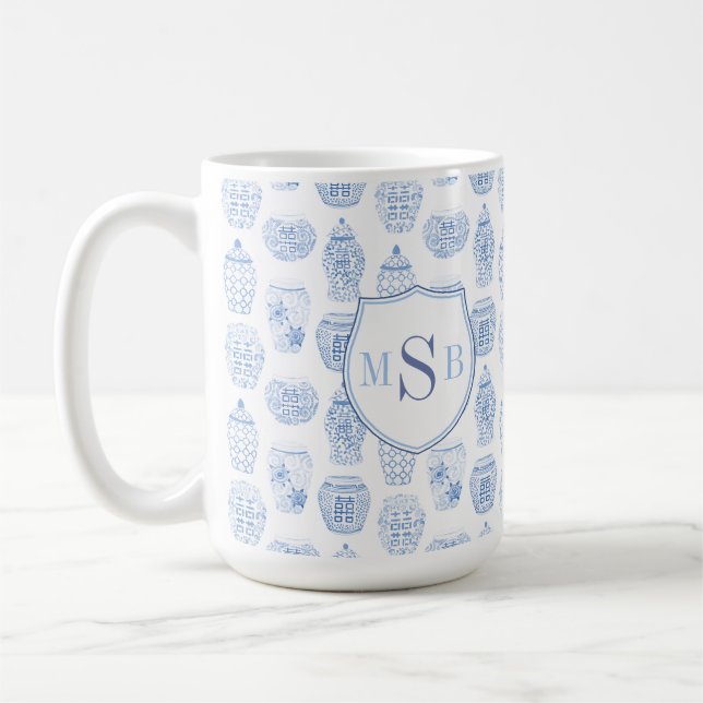 Caneca De Café Ginger Jar Azul Branco Monograma Pessoal (Esquerda)