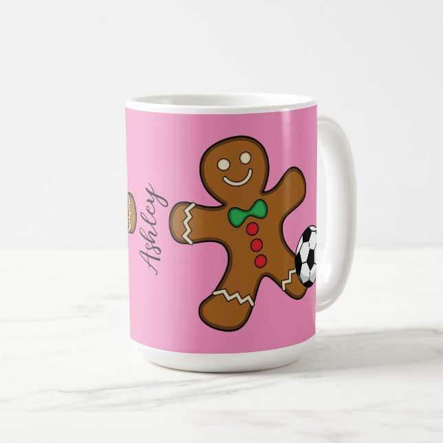 Caneca De Café Gingerbird Man Jogando Futebol | Adicione seu nome (Frente Esquerda)