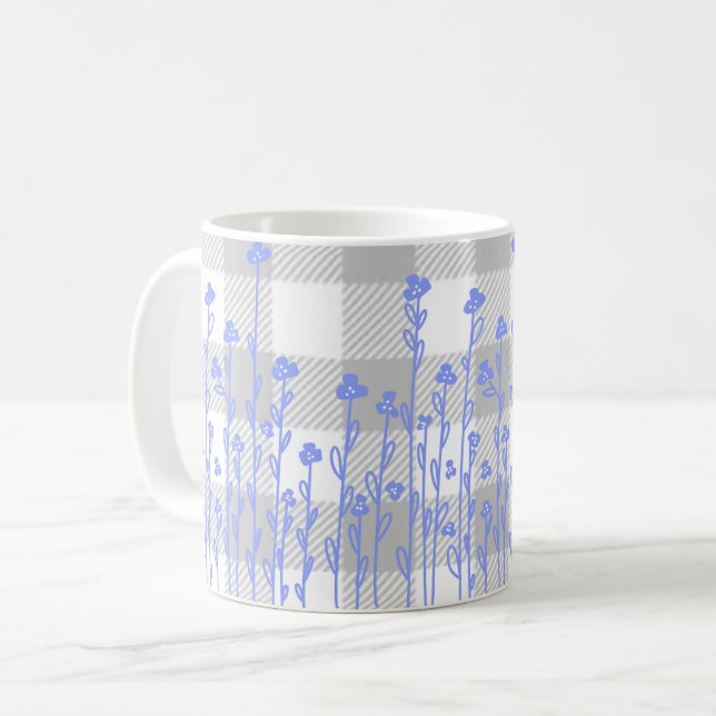 Caneca De Café Gingham azul floral preto Elegante (Frente Esquerda)