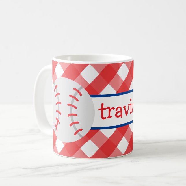 Caneca De Café Gingham Baseball Personalizado Mug (Frente Esquerda)