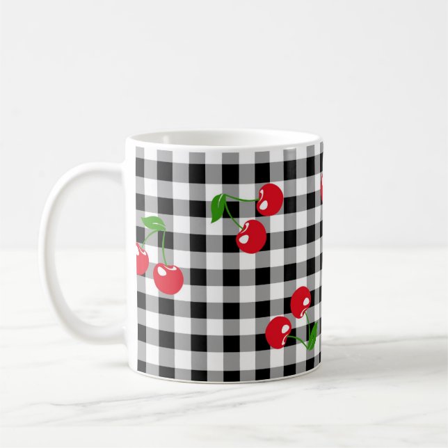 Caneca De Café Gingham Branco Preto, Cereja Cura-Chic (Esquerda)