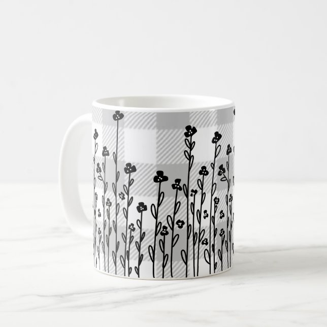 Caneca De Café Gingham de cinzas florais de rabo preto Elegante (Frente Esquerda)