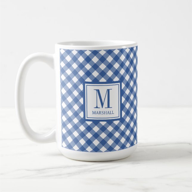 Caneca De Café Gingham Plaid Blue Custom Name Birthday (Esquerda)