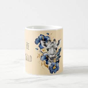 Caneca De Café Girafa Flores Hibisco Azul Dourado