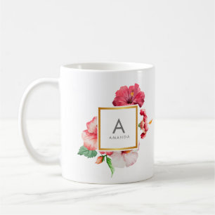 Caneca De Café Girard Watercolor TROPICAL hibiscus Flower Monogra