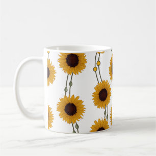 Caneca De Café Girassóis Amarelos em Listras Florais Retro Art No