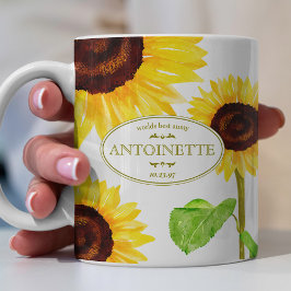 Caneca De Café Girassóis Amarelos Ilustrados Nome e Mensagem