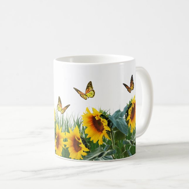 Caneca De Café Girassóis e Borboletas Floral (Frente Esquerda)