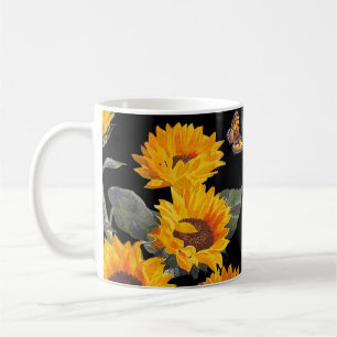 Caneca De Café Girassóis e borboletas: Fundo Preto de Aquarela