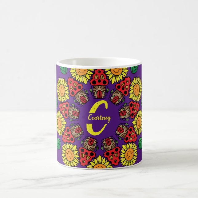 Caneca De Café Girassóis e Cogumelos Personalizados Mandala Roxo (Centro)