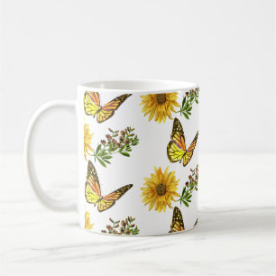 Caneca De Café Girassol Amarelo Floral e Borboletas  