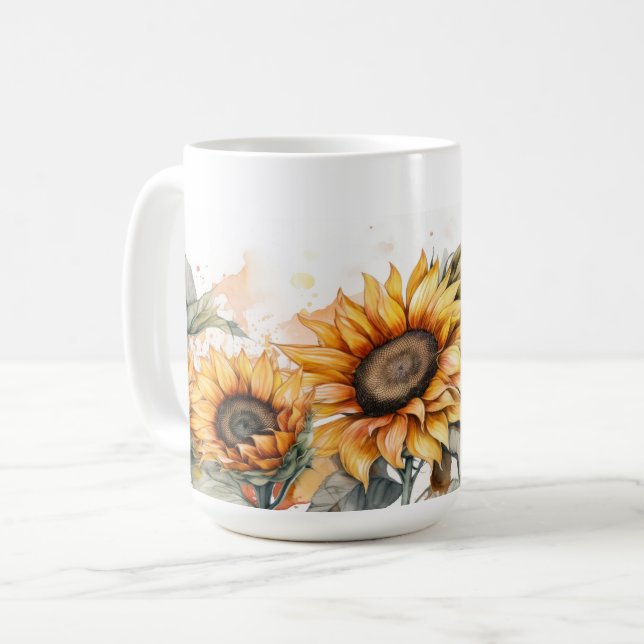 Caneca De Café Girassol Aquarela (Frente Esquerda)