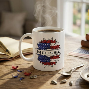 Caneca De Café Girassol com a Bandeira dos EUA e Nome