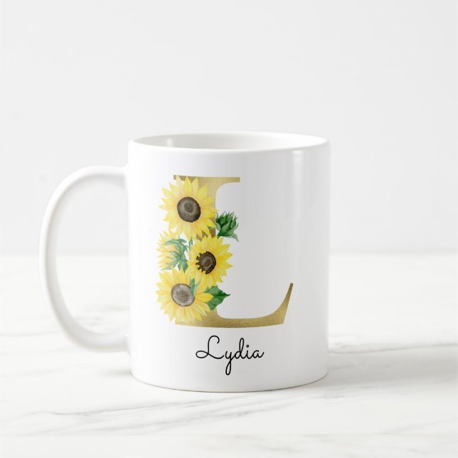 Caneca De Café Girassol Dourado Floral Monograma Inicial L Femini (Esquerda)