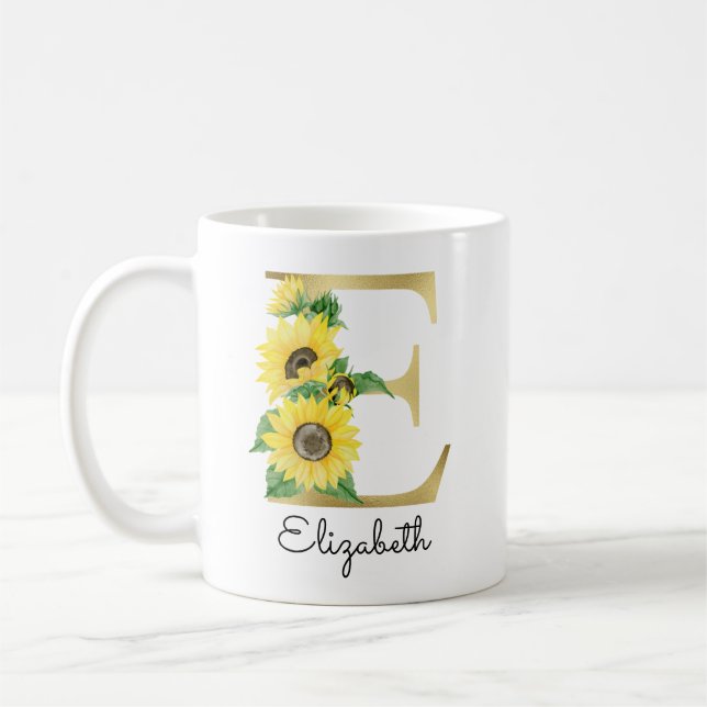 Caneca De Café Girassol Dourado Florido Feminino Inicial E (Esquerda)