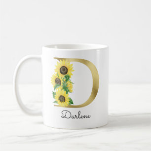Caneca De Café Girassol Floral Feminino Inicial D em Dourado