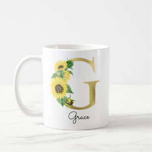 Caneca De Café Girassol Floral Feminino Inicial G Dourado Monogra