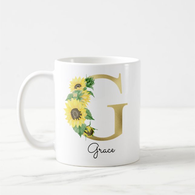 Caneca De Café Girassol Floral Feminino Inicial G Dourado Monogra (Esquerda)