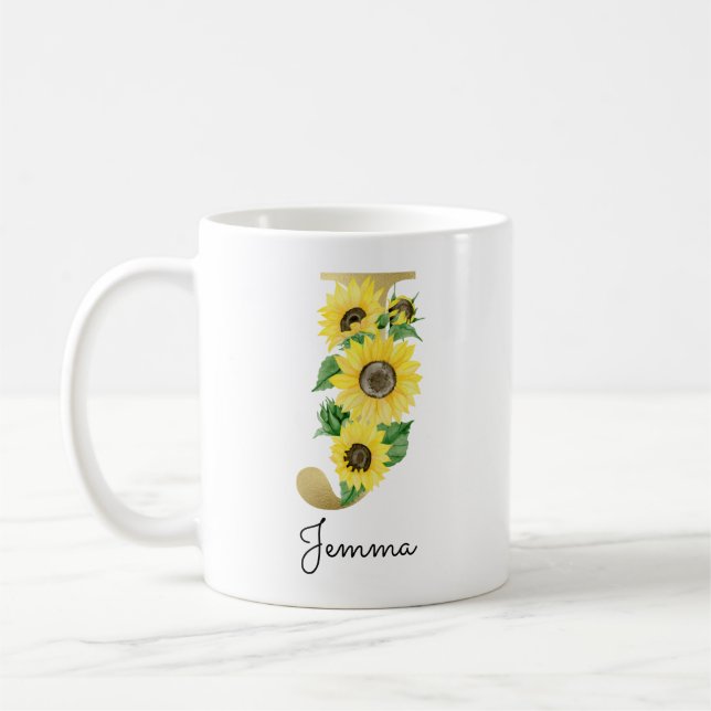 Caneca De Café Girassol Floral Feminino Inicial J Dourado Monogra (Esquerda)