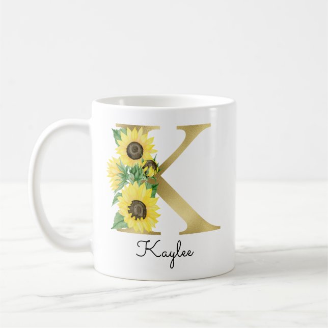 Caneca De Café Girassol Floral Feminino Inicial K Dourado Monogra (Esquerda)