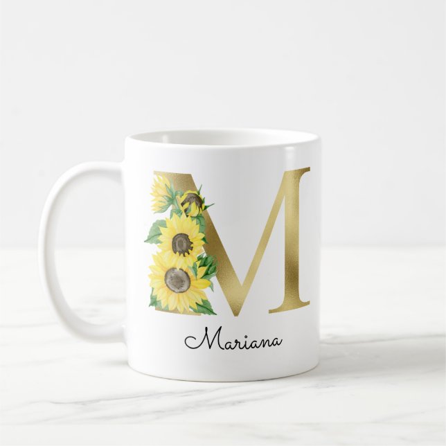 Caneca De Café Girassol Floral Feminino Inicial M Dourado Monogra (Esquerda)