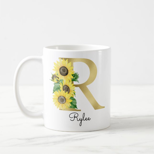 Caneca De Café Girassol Floral Feminino Inicial R Dourado Monogra (Esquerda)