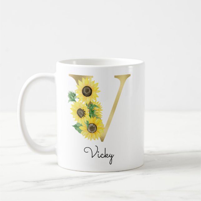 Caneca De Café Girassol Floral Feminino Inicial V Dourado Monogra (Esquerda)
