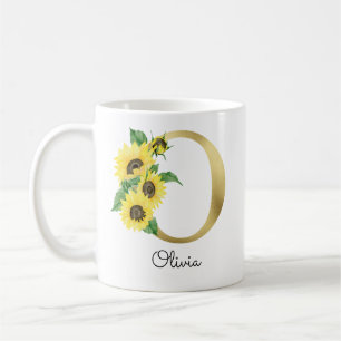 Caneca De Café Girassol Floral Inicial O Dourado Monogramado